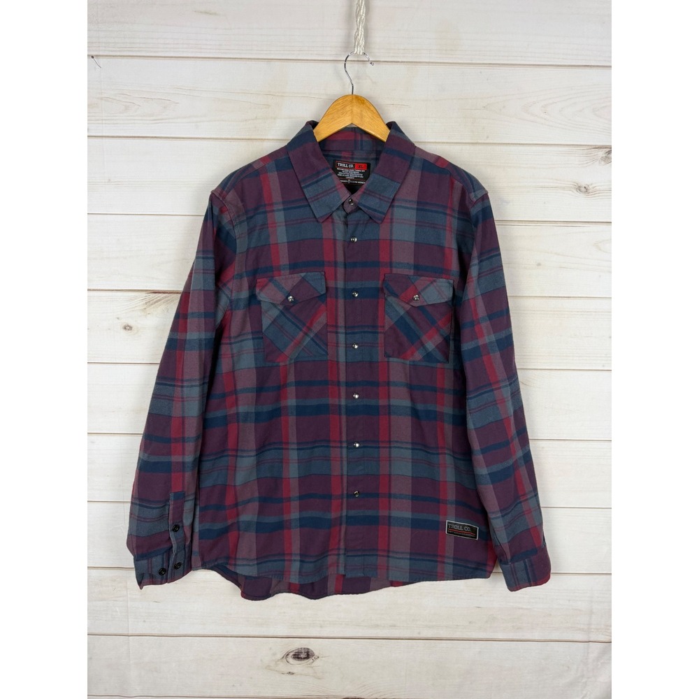 Troll Co. Shirt Mens XL Flannel Plaid Snap Button Dirty Hands Clean Money
